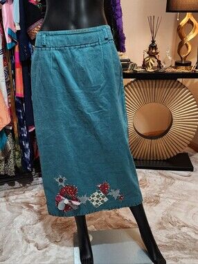Vintage 70's RUFF HEWN Patchwork Appliqué Midi Skirt Teal Cotton Size 12